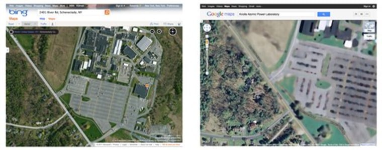 This combination image of screen captiures shows maps of the Knolls Atomic Power Laboratory in Schenectady, N.Y. available on the Bing website, left, and Google maps services website on Aug. 18, 2011. In the post-9/11 world, the blurred image of this and other sites is the product of New York state's homeland security apparatus. (AP Photo)